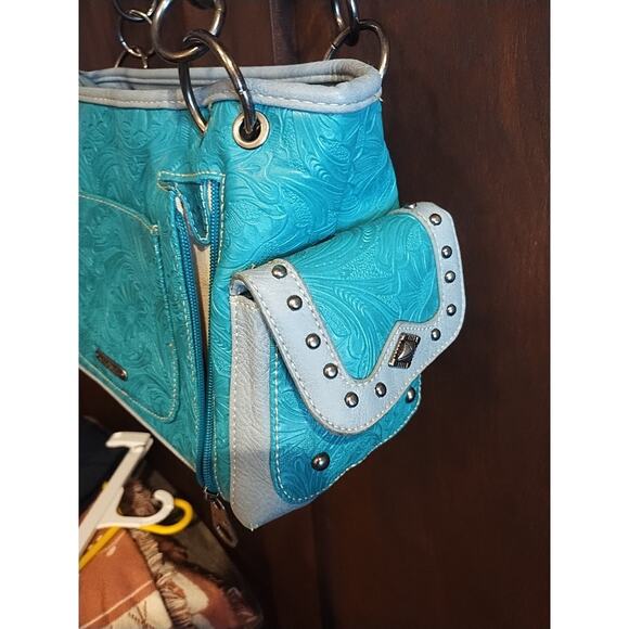 Montana West Studded Conceal Faux Leather Satchel Shoulder Handbag Turquoise Bag - Picture 7 of 11
